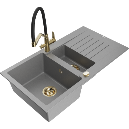 Mexen Matias évier en granit 1,5 bac avec égouttoir et robinet de cuisine Duo, gris - 6502-71-671701-57-G