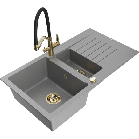 Mexen Matias fregadero de granito de 1,5 senos con escurridor y grifo de cocina Duo, gris - 6502-71-671701-57-G