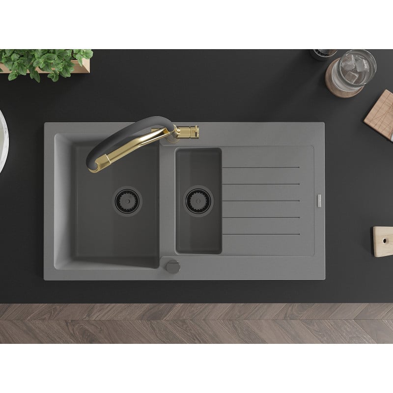 Mexen Matias lavello in granito 1,5 vasche con sgocciolatoio e miscelatore cucina Duo, grigio - 6502-71-671701-57-B