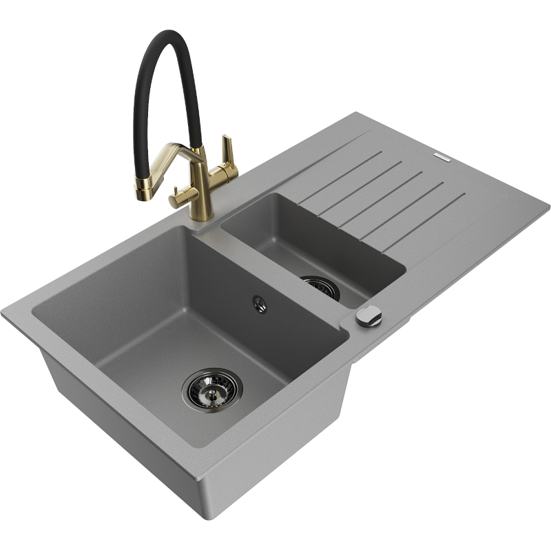 Mexen Matias granite sink 1.5-bowl with drainer and Duo kitchen tap, grey - 6502-71-671701-57-B