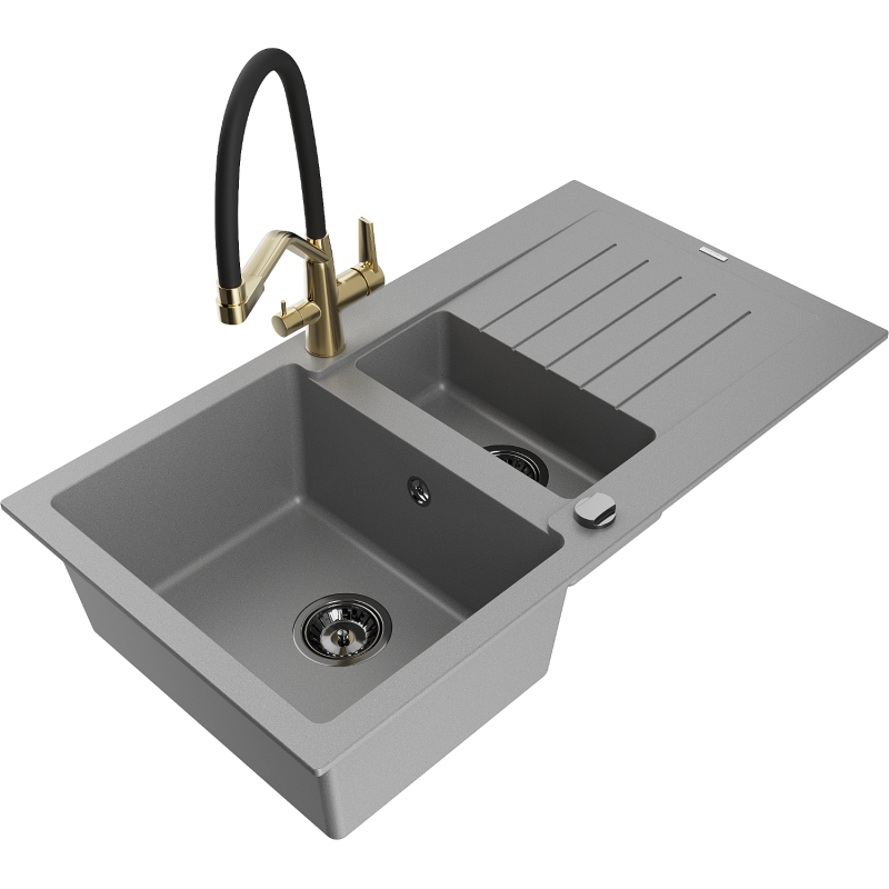 Mexen Matias lavello in granito 1,5 vasche con sgocciolatoio e miscelatore cucina Duo, grigio - 6502-71-671701-57-B