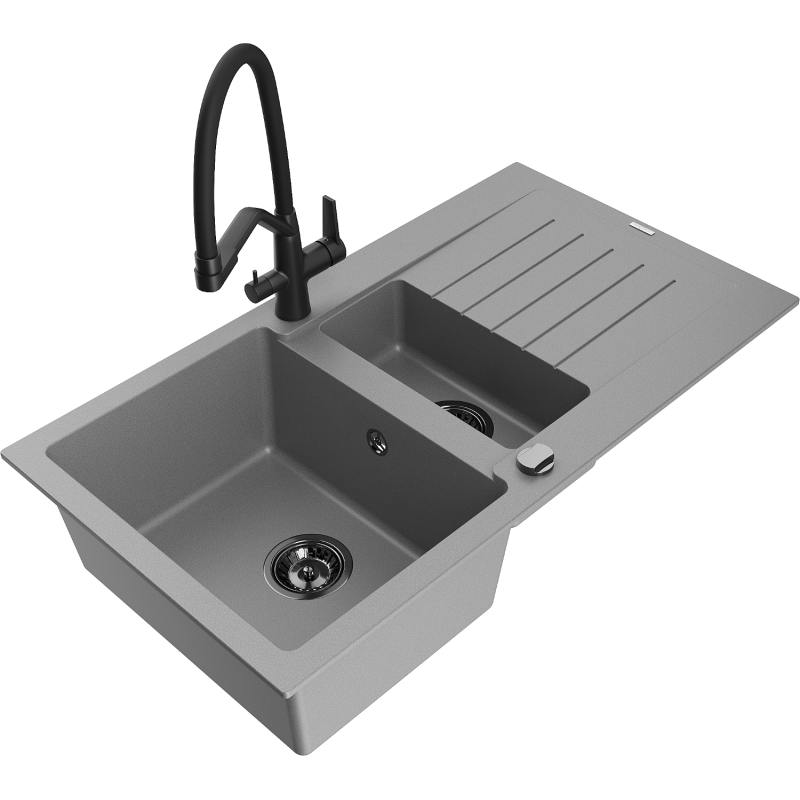 Mexen Matias granite kitchen sink 1.5-bowl with drainer and Duo kitchen tap, grey - 6502-71-671701-70-B