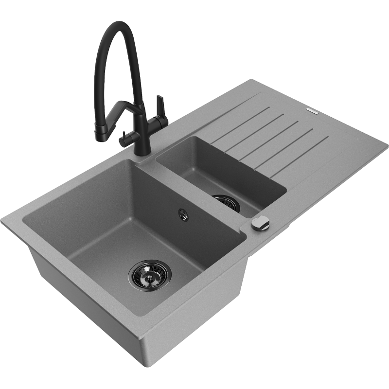 Mexen Matias lavello in granito 1,5 vasca con scolapiatti e rubinetto da cucina Duo, grigio - 6502-71-671701-70-B