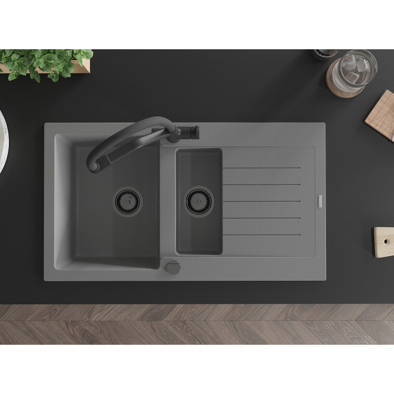Mexen Matias fregadero de granito de 1,5 tazones con escurridor y grifo de cocina Duo, gris - 6502-71-671701-70-B