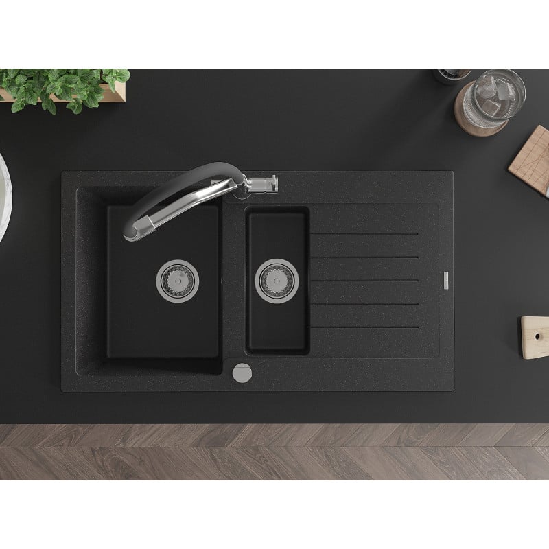 Mexen Matias 1.5-bowl granite sink with drainer and Duo kitchen tap, black/silver metallic - 6502-73-671701-07