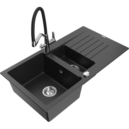 Mexen Matias 1,5-beckiges Granitspülbecken mit Abtropffläche und Küchenarmatur Duo, schwarz/silber Metallic