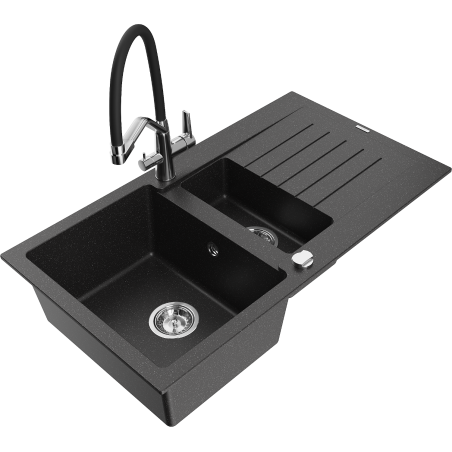 Mexen Matias Granitspüle 1,5-Becken mit Abtropffläche und Küchenarmatur Duo, schwarz/silber metallic - 6502-73-671701-07