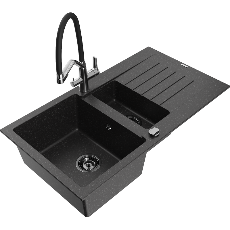 Mexen Matias fregadero de granito 1,5 tazones con escurridor y grifo de cocina Duo, negro/plata - 6502-73-671701-07-B