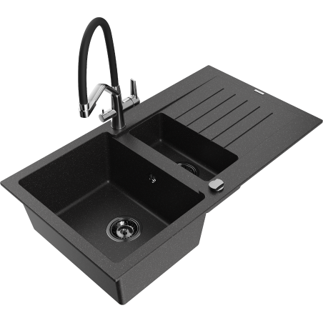 Mexen Matias granite sink 1.5-bowl with drainer and Duo kitchen faucet, black/silver - 6502-73-671701-07-B
