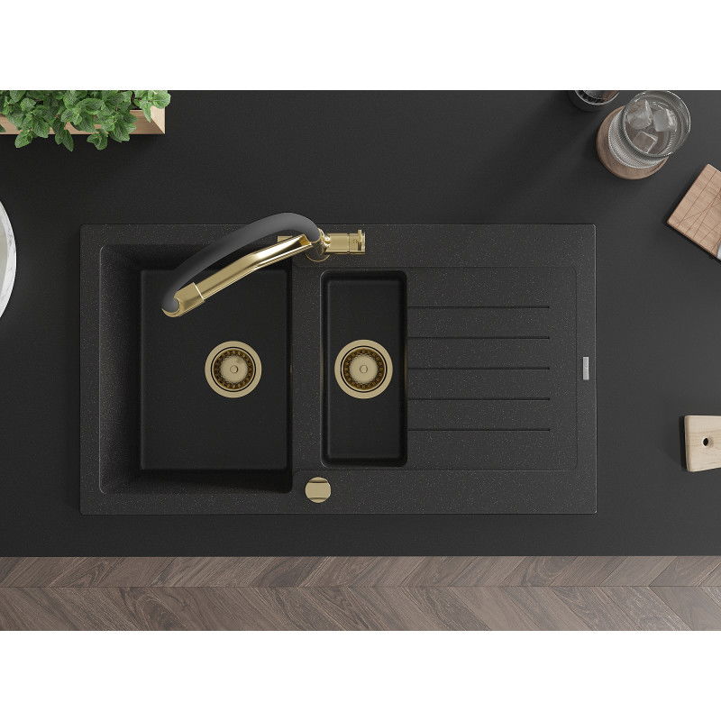 Mexen Matias granitdiskbänk 1,5-fackig med avrinningsyta och köksblandare Duo, svart/silver - 6502-73-671701-57-G