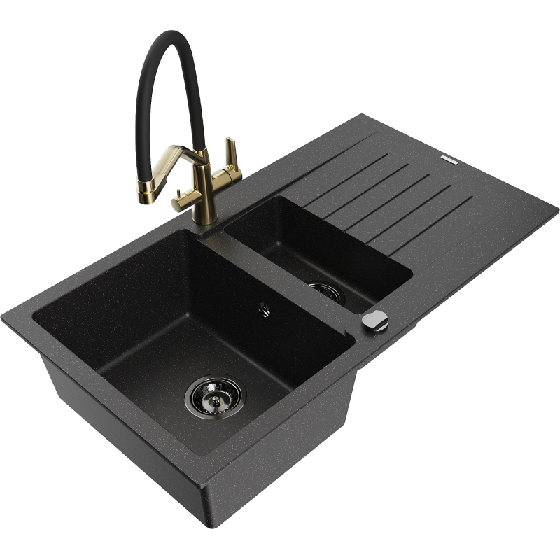 Mexen Matias fregadero de granito de 1,5 senos con escurridor y grifo de cocina Duo, negro/plata - 6502-73-671701-57-B