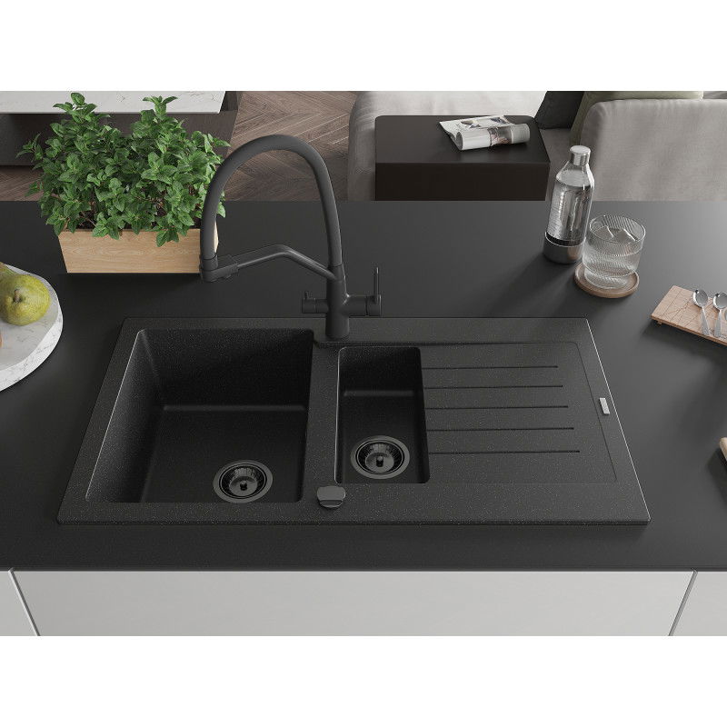 Mexen Matias 1.5-bowl granite sink with drainer and Duo kitchen tap, black/silver - 6502-73-671701-70-B