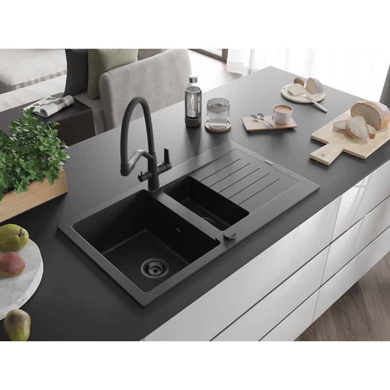 Mexen Matias fregadero de granito 1,5 senos con escurridor y grifo de cocina Duo, negro/plata - 6502-73-671701-70-B