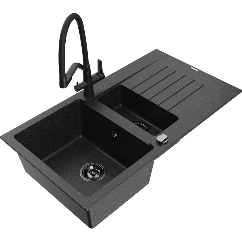 Mexen Matias 1.5-bowl granite sink with drainer and Duo kitchen tap, black/silver - 6502-73-671701-70-B