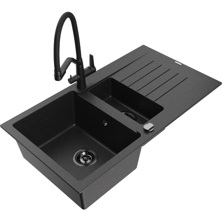 Mexen Matias granite sink 1.5-bowl with drainer and Duo kitchen faucet, black/silver - 6502-73-671701-70-B