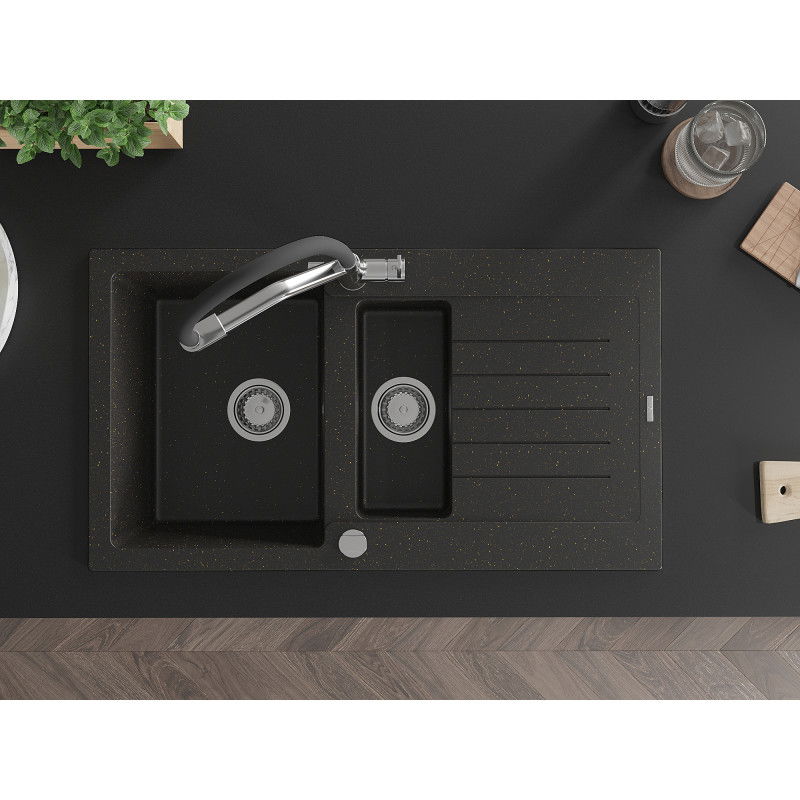 Mexen Matias granite sink 1.5-bowl with drainer and Duo kitchen tap, black/gold metallic - 6502-75-671701-07