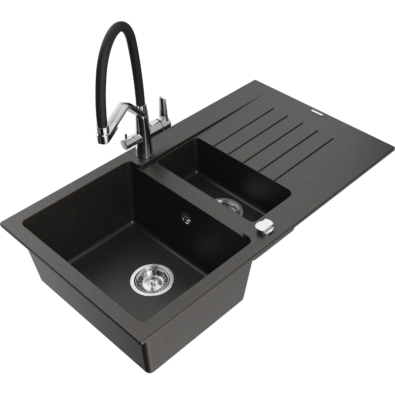Mexen Matias granite sink 1.5-bowl with drainer and Duo kitchen tap, black/gold metallic - 6502-75-671701-07