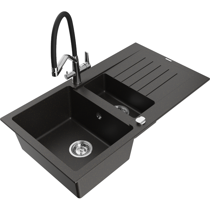 Mexen Matias lava-louça de granito 1,5 bacia com escorredor e misturadora de cozinha Duo, preto/dourado metálico