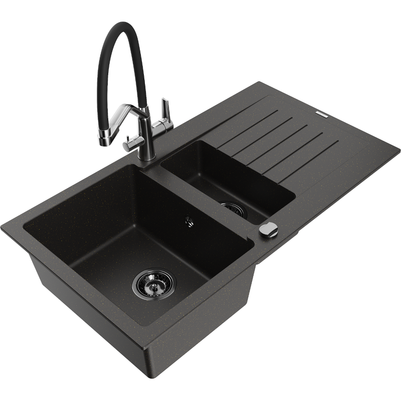 Mexen Matias granitdiskbänk 1,5-fack med avrinning och köksblandare Duo, svart/guld metallic - 6502-75-671701-07-B