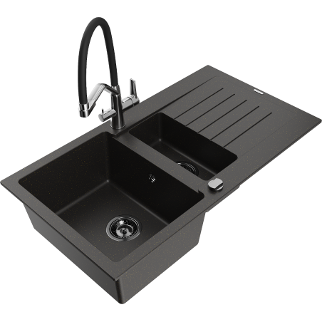 Mexen Matias Granitspüle 1,5-Becken mit Abtropffläche und Küchenarmatur Duo, schwarz/gold-metallic - 6502-75-671701-07-B