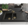 Mexen Matias granieten spoelbak 1,5-compartiment met druiprek en keukenkraan Duo, zwart/goud metallic - 6502-75-671701-57-G