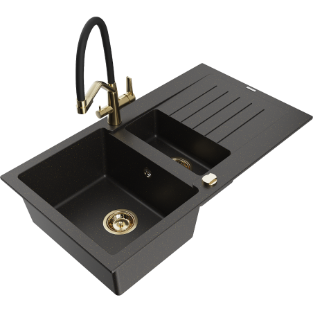Mexen Matias granieten spoelbak 1,5-compartiment met druiprek en keukenkraan Duo, zwart/goud metallic - 6502-75-671701-57-G
