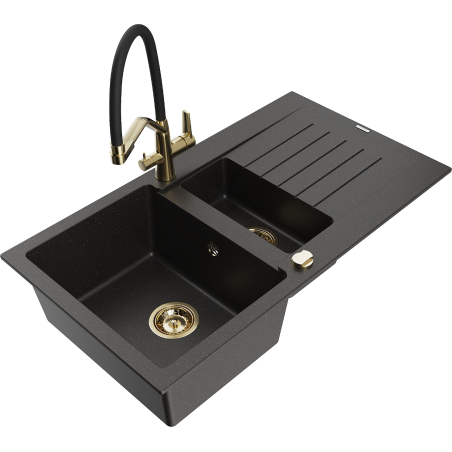 Mexen Matias granit diskbänk med 1,5 fack med avrinningsyta och köksblandare Duo, svart/guld metallic - 6502-75-671701-57-G