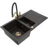 Mexen Matias granite sink 1.5-bowl with drainer and Duo kitchen tap, black/gold metallic - 6502-75-671701-57-G