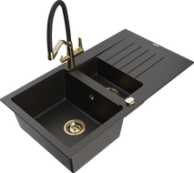 Mexen Matias Granitspüle 1,5-Komponenten mit Abtropffläche und Küchenarmatur Duo, schwarz/goldmetallic - 6502-75-671701-57-G