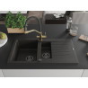 Mexen Matias granieten spoelbak 1,5-vaks met afdruiprek en keukenkraan Duo, zwart/gouden metallic - 6502-75-671701-57-B