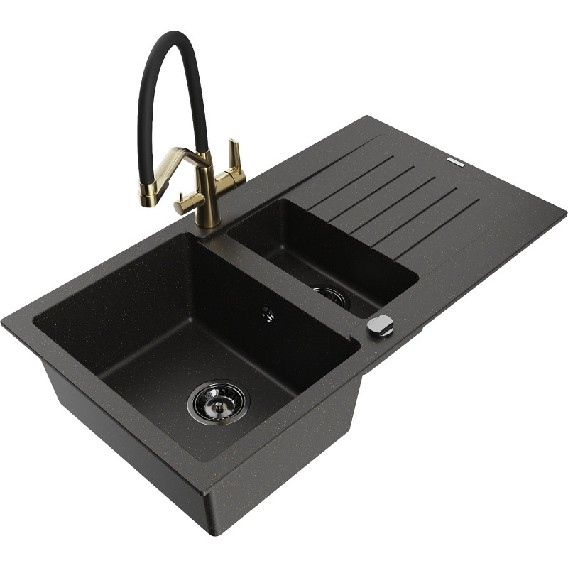 Mexen Matias fregadero de granito de 1,5 senos con escurridor y grifo de cocina Duo, negro/metalizado dorado
