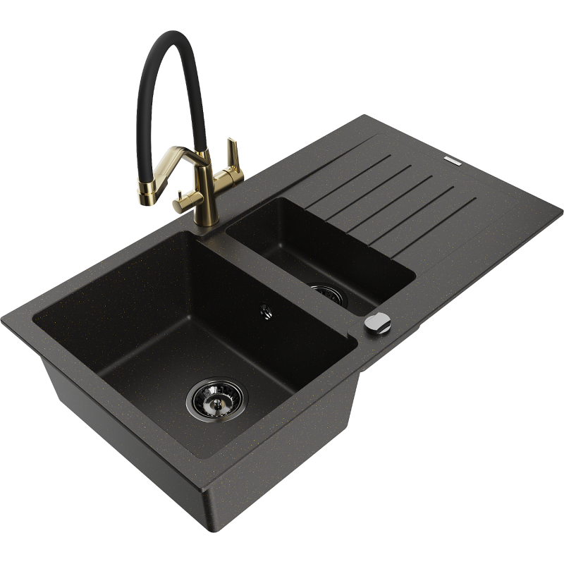 Mexen Matias fregadero de granito de 1.5 tazones con escurridor y grifo de cocina Duo, negro/oro metálico - 6502-75-671701-57-B