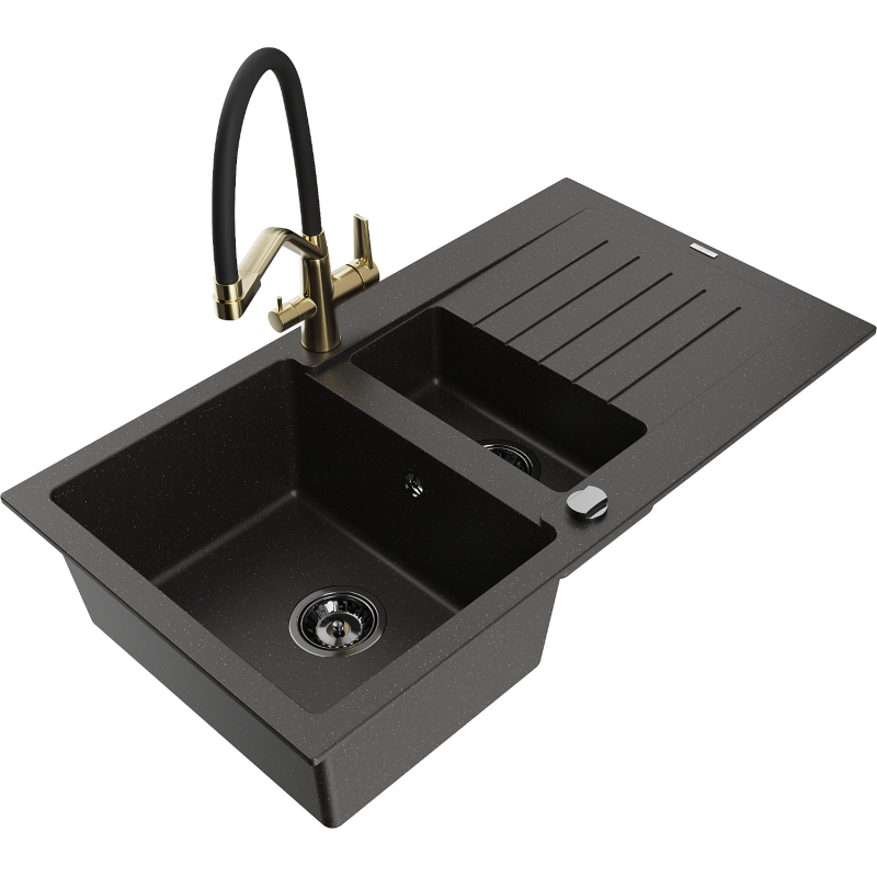 Mexen Matias graniittinen 1,5-altainen tiskiallas valutustasolla ja keittiöhanalla Duo, musta/kultainen metalli