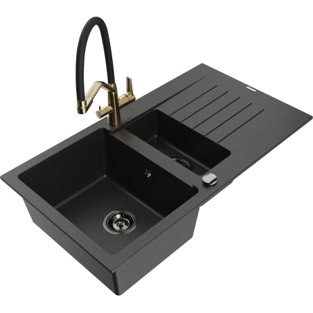Mexen Matias fregadero de granito de 1,5 senos con escurridor y grifo de cocina Duo, negro/metalizado dorado