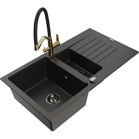 Mexen Matias fregadero de granito de 1.5 tazones con escurridor y grifo de cocina Duo, negro/oro metálico - 6502-75-671701-57-B