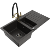 Mexen Matias fregadero de granito de 1.5 tazones con escurridor y grifo de cocina Duo, negro/oro metálico - 6502-75-671701-57-B