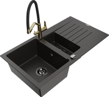 Mexen Matias Granitspüle 1,5-Becken mit Abtropffläche und Duo-Küchenarmatur, schwarz/gold metallic - 6502-75-671701-57-B