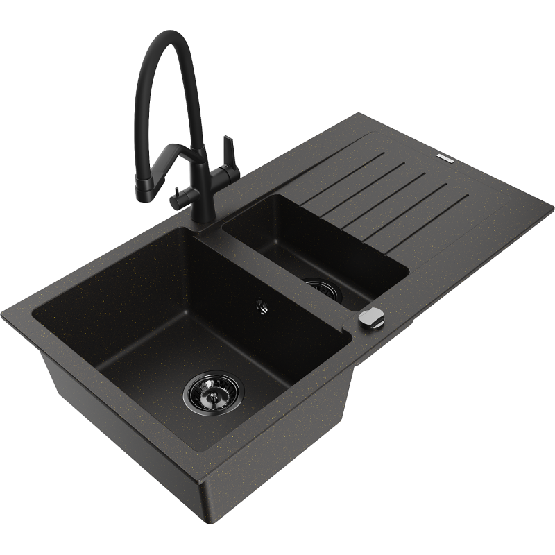 Mexen Matias fregadero de granito 1,5 senos con escurridor y grifo de cocina Duo, negro/dorado metálico - 6502-75-671701-70-B