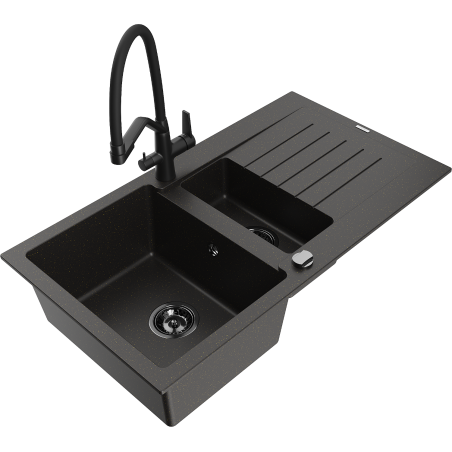Mexen Matias granite sink 1.5-bowl with drainer and Duo kitchen mixer tap, black/gold metallic - 6502-75-671701-70-B