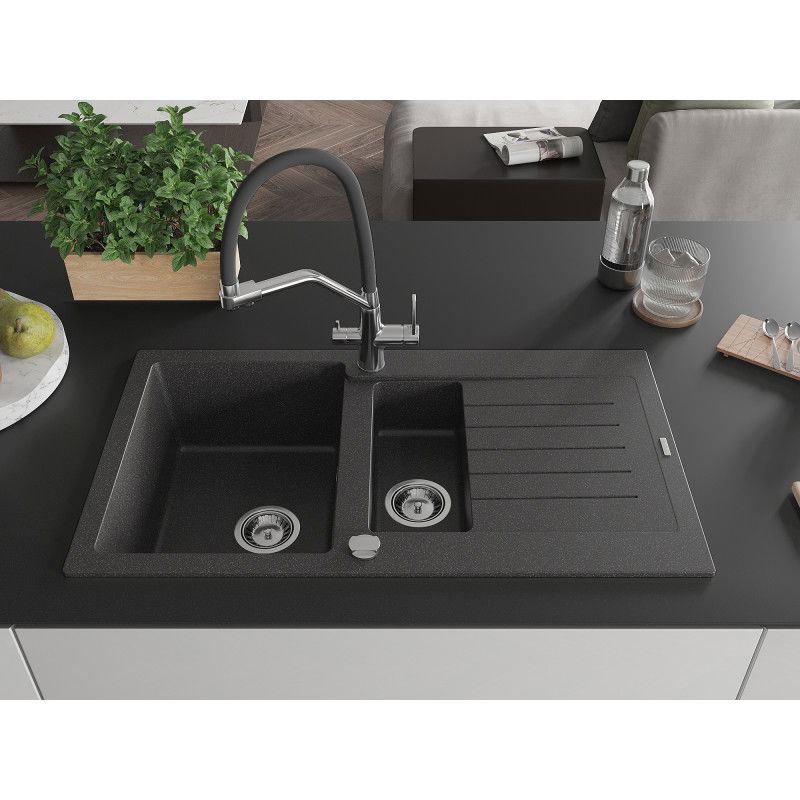 Mexen Matias 1.5-bowl granite sink with drainer and Duo kitchen tap, speckled black - 6502-76-671701-07