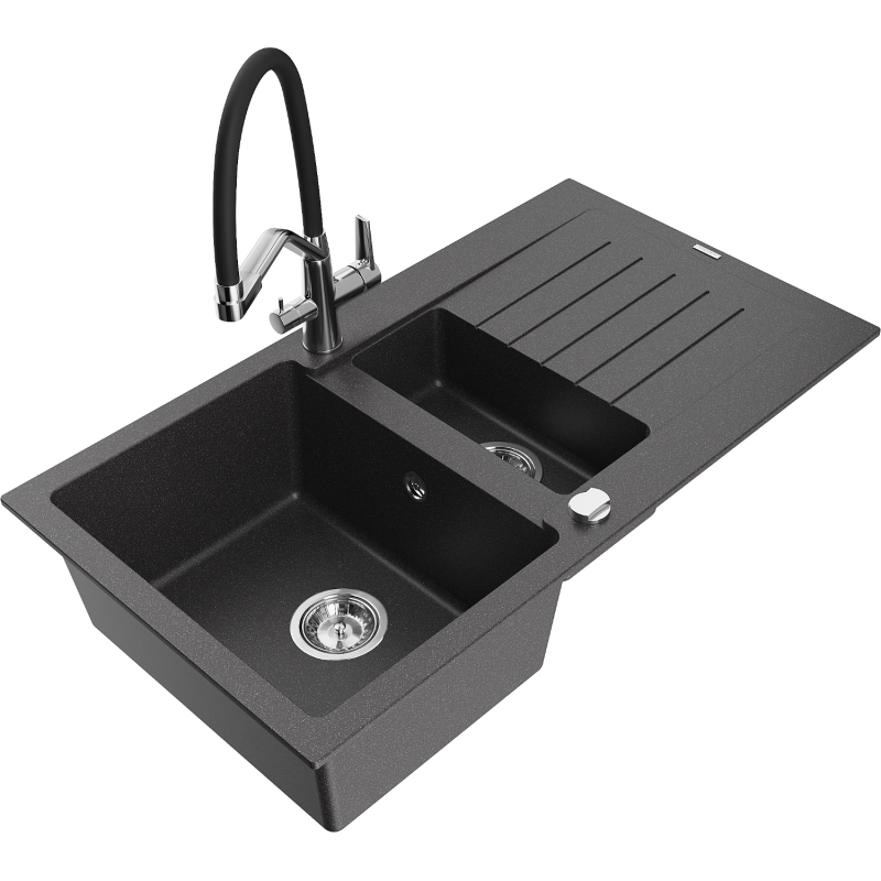 Mexen Matias 1.5-bowl granite sink with drainer and Duo kitchen tap, speckled black - 6502-76-671701-07
