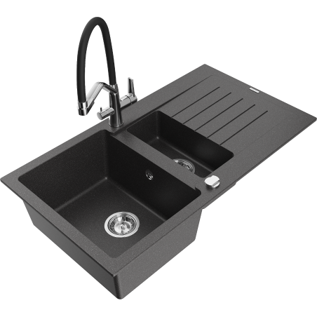 Mexen Matias 1.5-bowl granite sink with drainer and Duo kitchen tap, speckled black - 6502-76-671701-07