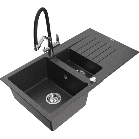 Mexen Matias granite sink 1.5-bowl with drainer and Duo kitchen faucet, black speckled - 6502-76-671701-07