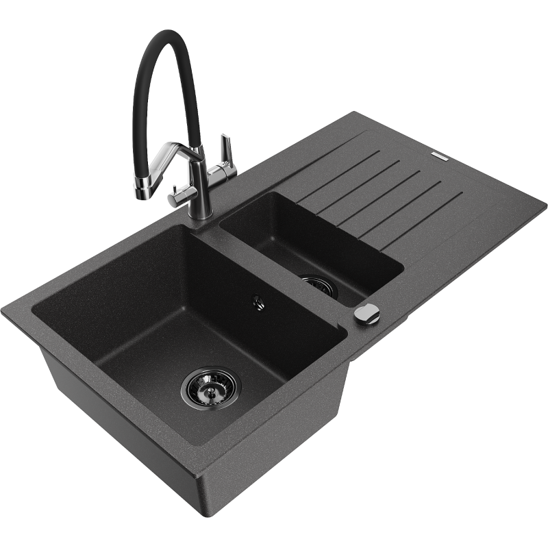Mexen Matias fregadero de granito de 1,5 senos con escurridor y grifo de cocina Duo, negro moteado - 6502-76-671701-07-B