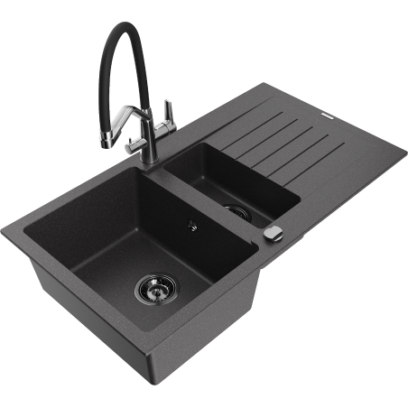 Mexen Matias fregadero de granito de 1,5 senos con escurridor y grifo de cocina Duo, negro moteado - 6502-76-671701-07-B