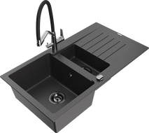 Mexen Matias 1.5-bowl granite kitchen sink with drainer and Duo tap, black speckled - 6502-76-671701-07-B