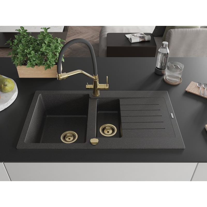 Mexen Matias granite sink 1.5-bowl with drainer and Duo kitchen faucet, black speckled - 6502-76-671701-57-G