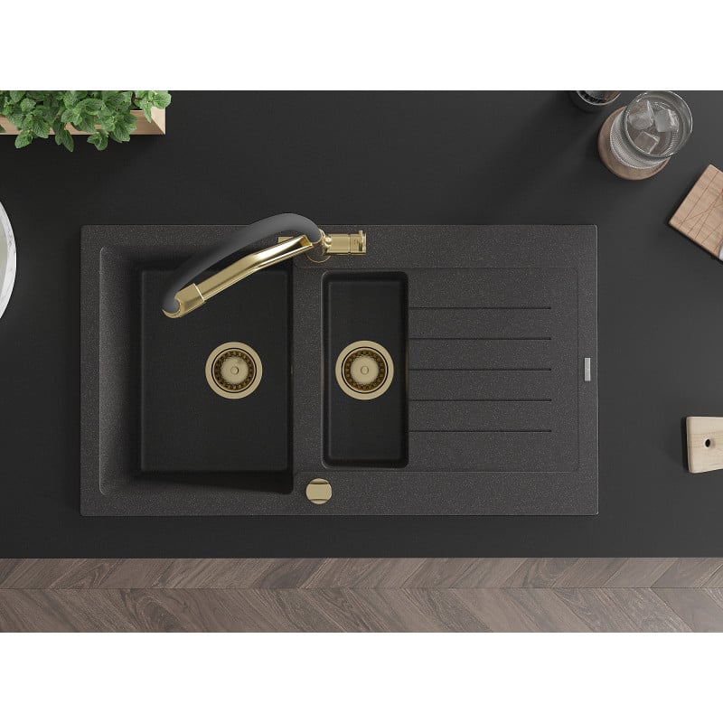Mexen Matias fregadero de granito de 1,5 senos con escurridor y grifo de cocina Duo, negro moteado - 6502-76-671701-57-G