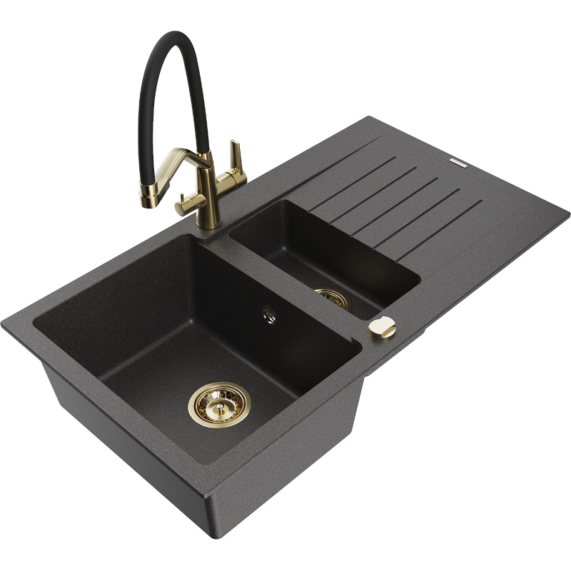 Mexen Matias fregadero de granito de 1,5 senos con escurridor y grifo de cocina Duo, negro moteado - 6502-76-671701-57-G