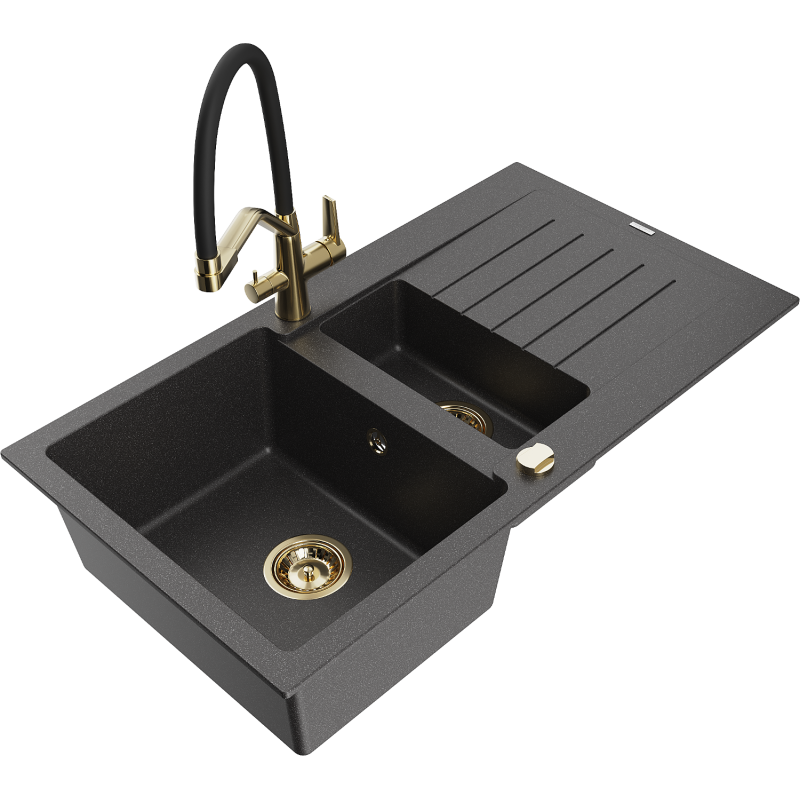 Mexen Matias lavello in granito 1,5 vasca con scolapiatti e miscelatore da cucina Duo, nero maculato - 6502-76-671701-57-G